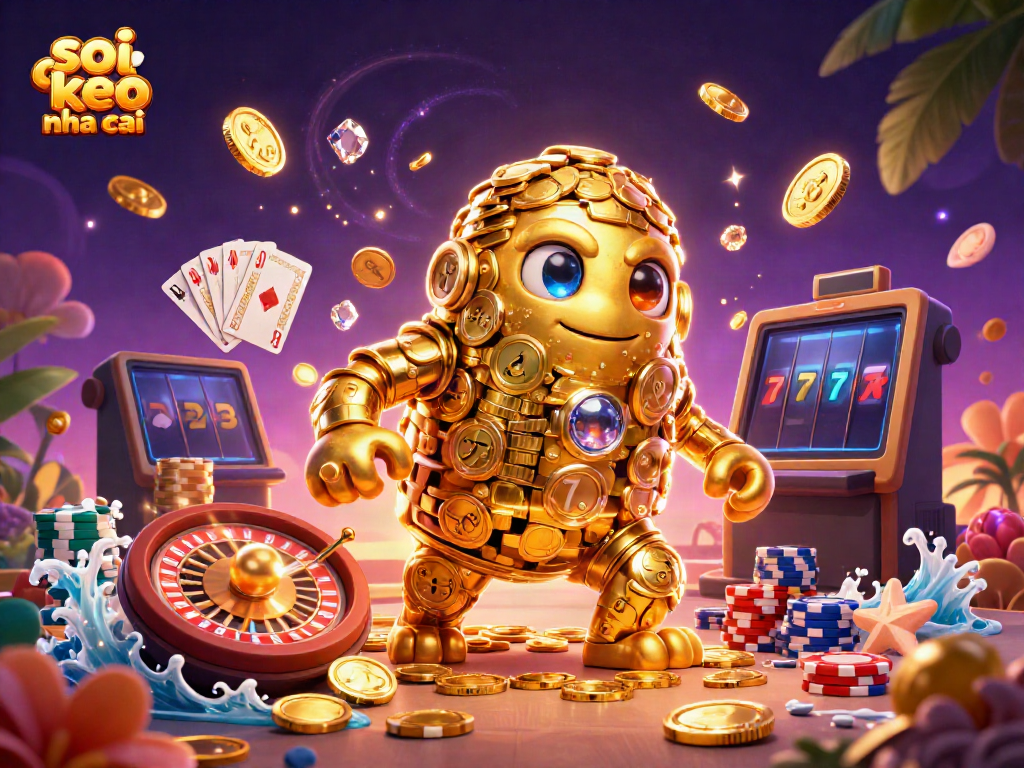 Sparking golden coins and magical golem highlight soi keo nha cai scene in vibrant casino atmosphere.