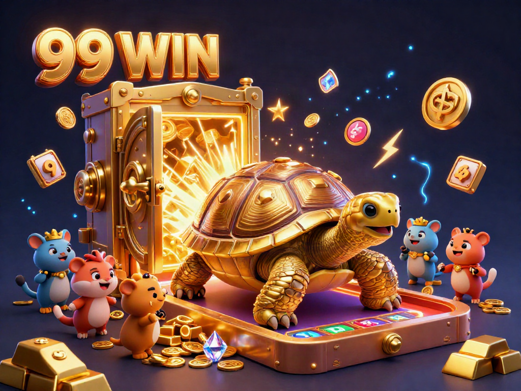 Engage in vibrant casino play with 99 WIN, featuring a colossal golden tortoise and dynamic game elements.