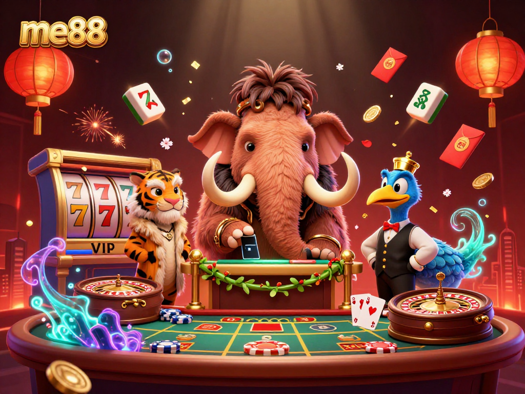 Experience me88 with a vibrant casino scene featuring unique characters and dynamic gaming elements.
