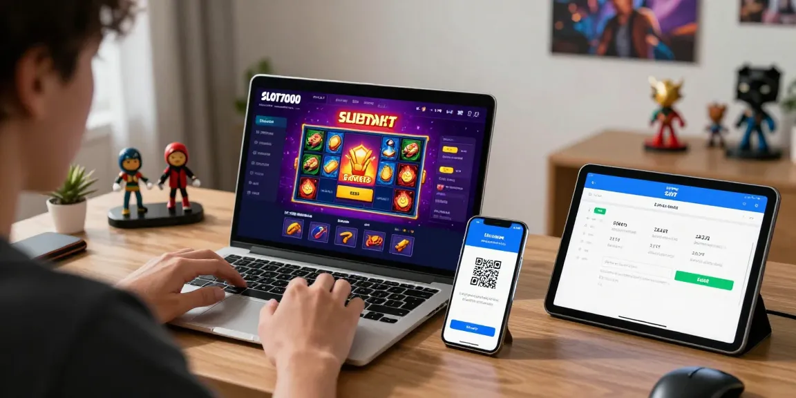 Engaging user experience on SLOT7000 platform with devices showing QRIS deposit options and vibrant slot games
