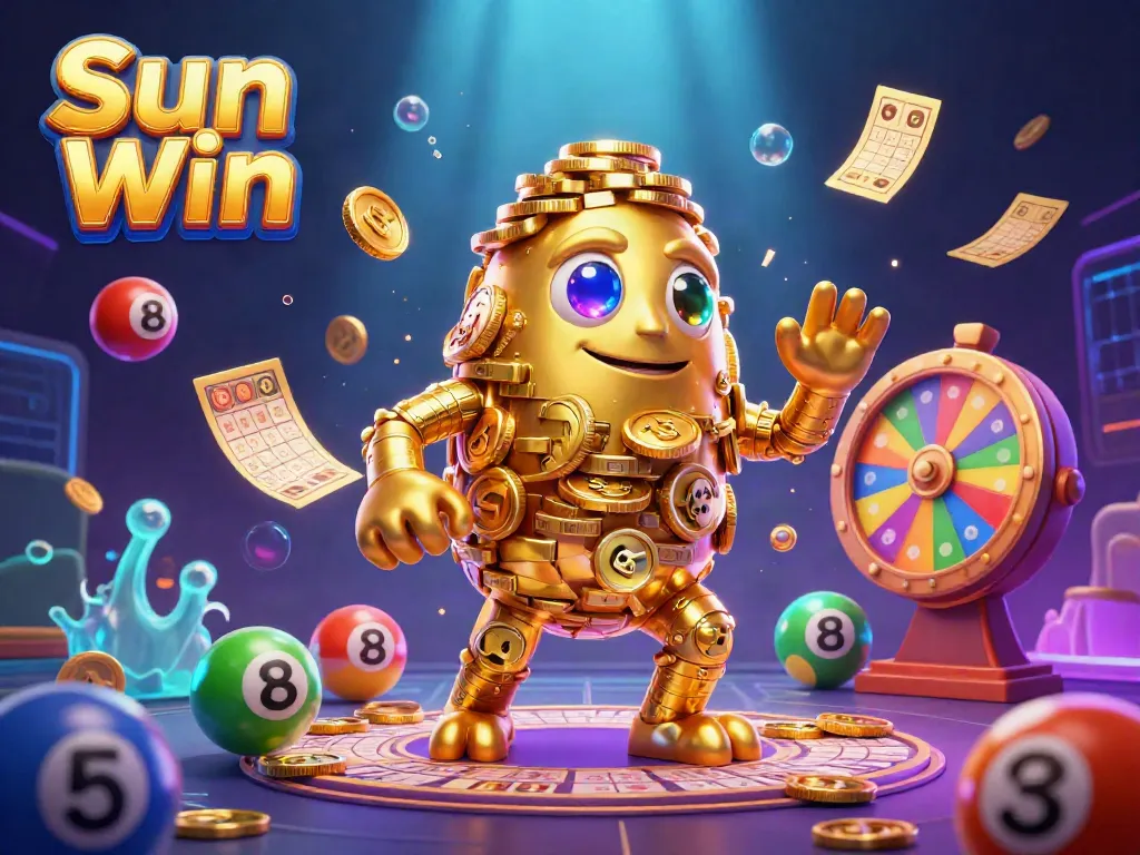 Join the fun with Sun Win in this vibrant 3D casino scene packed with games and prizes.