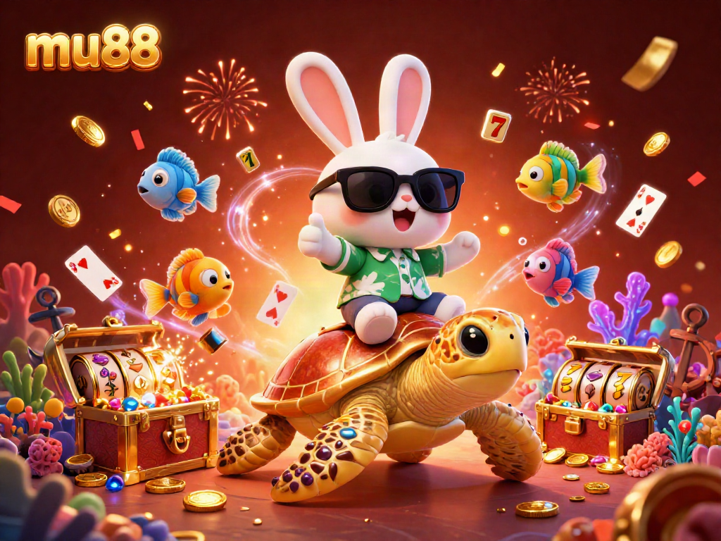 Join the thrilling adventure at mu88 with a lucky rabbit and golden sea turtle in an exciting casino scene!