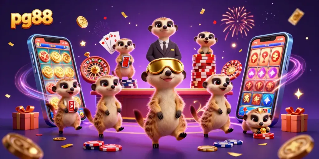 Engage with pg88 in a lively casino scene featuring meerkats and dynamic gaming elements.