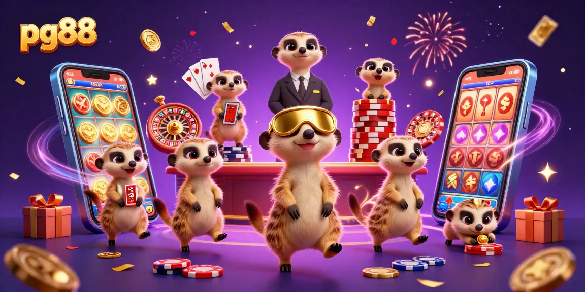Engage with pg88 in a lively casino scene featuring meerkats and dynamic gaming elements.