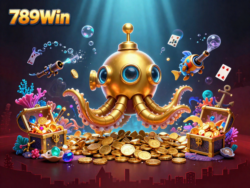 Experience thrilling gameplay with 789Win's underwater casino extravaganza featuring golden kraken and colorful gems.