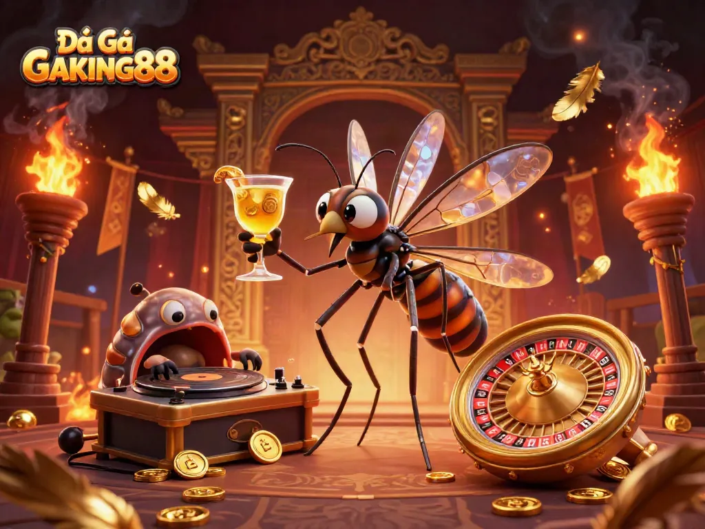 Experience exciting cockfighting action with Đá Gà GAKING88 in a lively casino-themed arena full of dynamic elements.