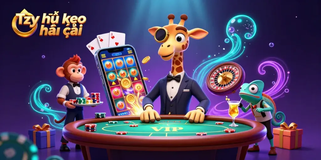 Tỷ lệ kèo nhà cái showcases dynamic gambling elements in a vibrant casino scene.