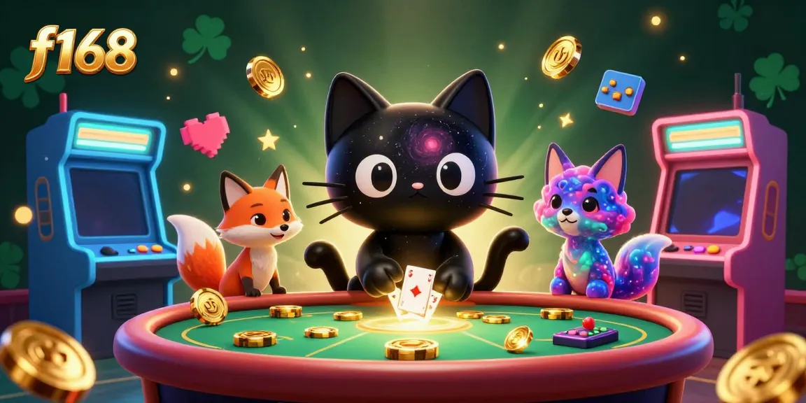 Engaging f168 cosmic casino scene featuring a black hole cat and nebula fox with colorful elements.