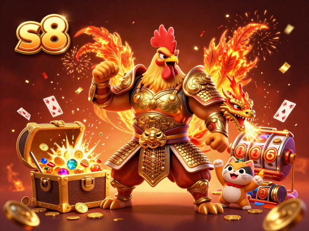 Engage in thrilling action with s8 as a rooster warrior and dragon hatchling celebrate casino victories with gold coins.