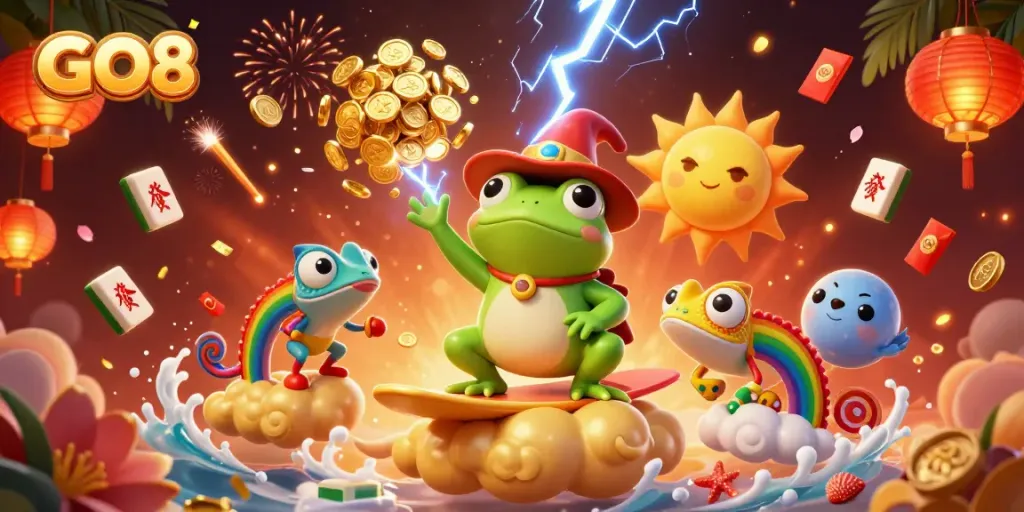 Spin and win with GO8, featuring a storm of golden coins and vibrant casino elements in an exciting scene.