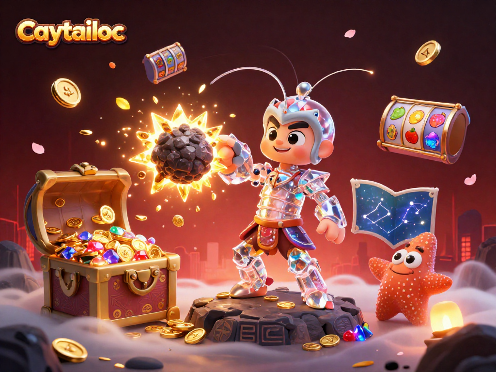 Caytailoc slot game illustration featuring a cosmic samurai and vibrant treasures amidst dynamic gaming elements.