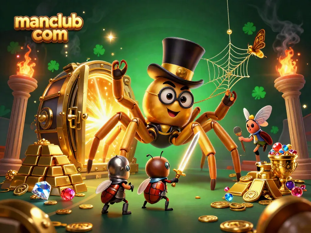 Engage in thrilling gameplay at manclub com with gold treasures and lively characters in a dynamic casino scene.