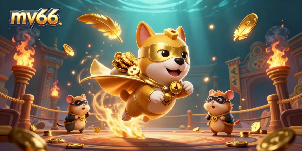 Experience thrilling mv66 action with a superhero dog flying through a vibrant casino scene.