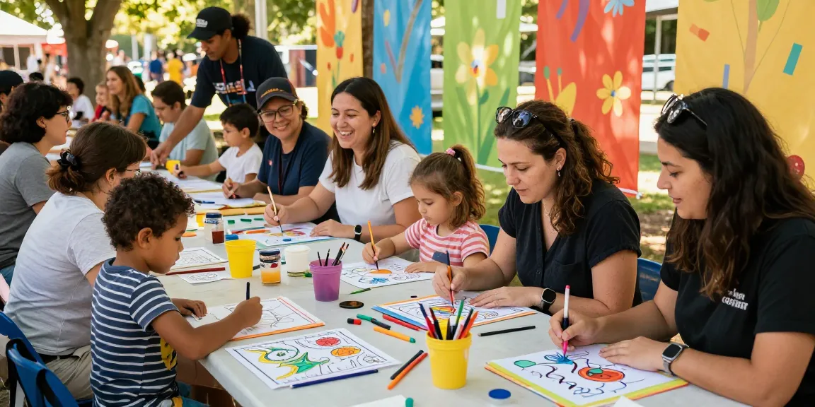 Engaging community art event featuring families coloring with freecoloringsheets.net, promoting children's creativity.