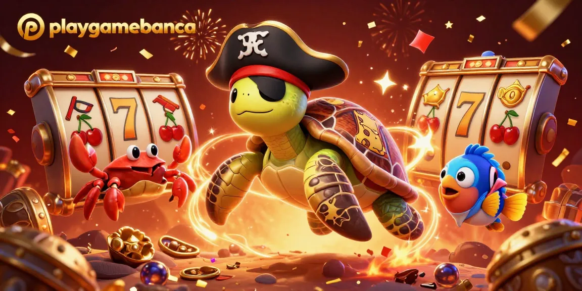 Join the excitement of playgamebanca with a pirate turtle and treasure-themed slot scene.