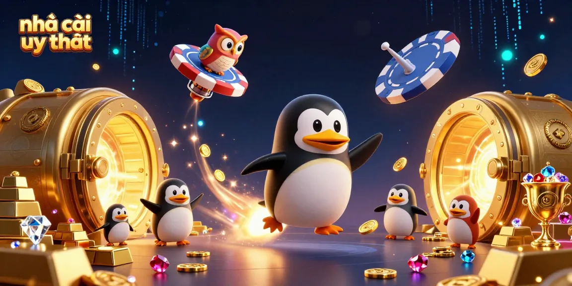 Experience the excitement of nhà cái uy tín with a dynamic scene featuring a golden penguin, casino elements, and jewels.
