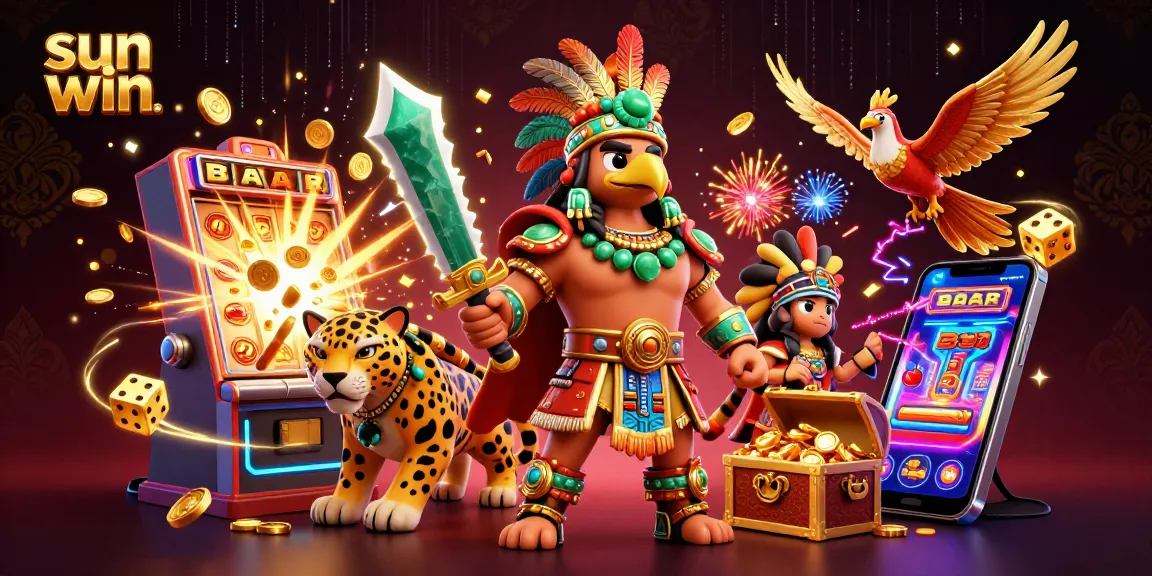 Experience thrilling wins with sun win's dynamic 3D illustration showcasing vibrant casino elements and epic characters.
