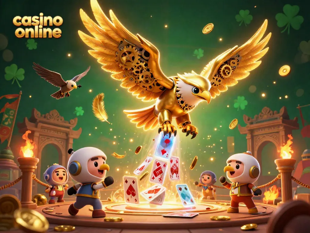 Experience thrilling action at a casino online with a golden eagle diving through holographic cards.