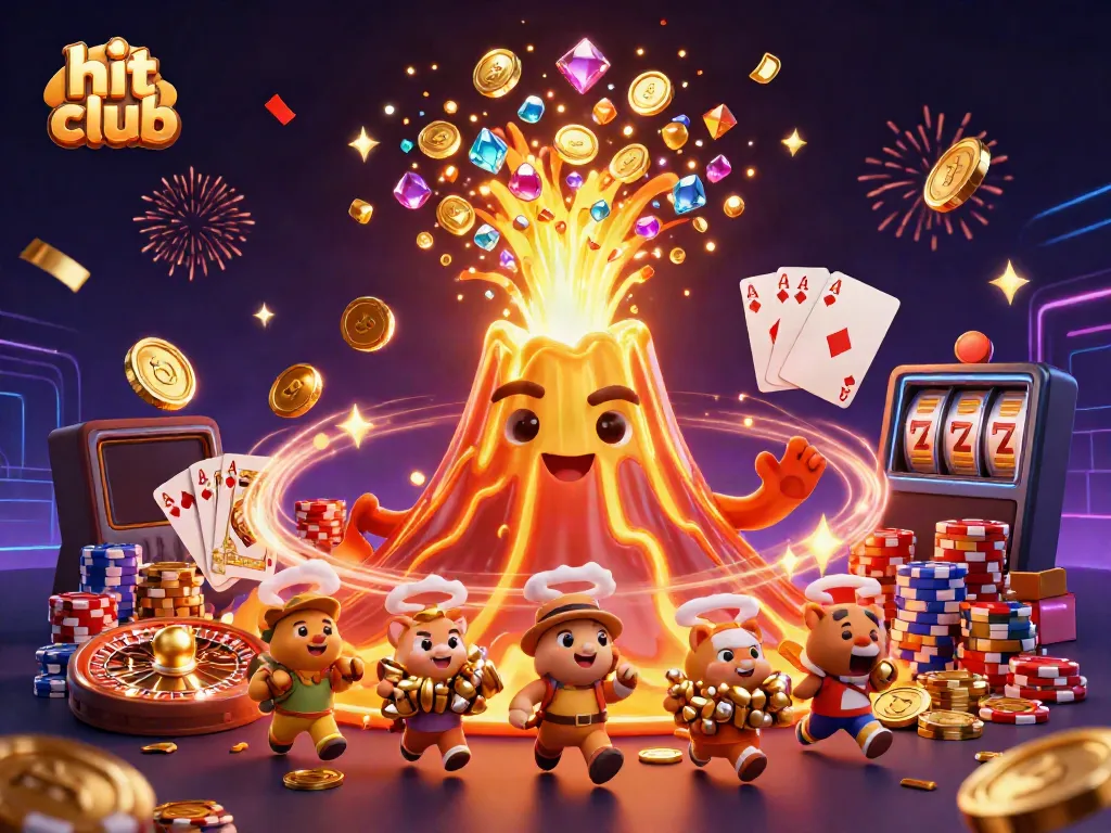 Experience excitement with hit club's triumphant volcano unleashing treasures in a vibrant 3D casino scene.