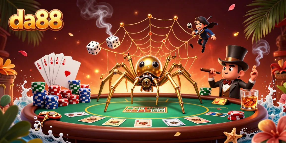 da88 captures gamblers in a thrilling poker scene with golden spider and playful dice