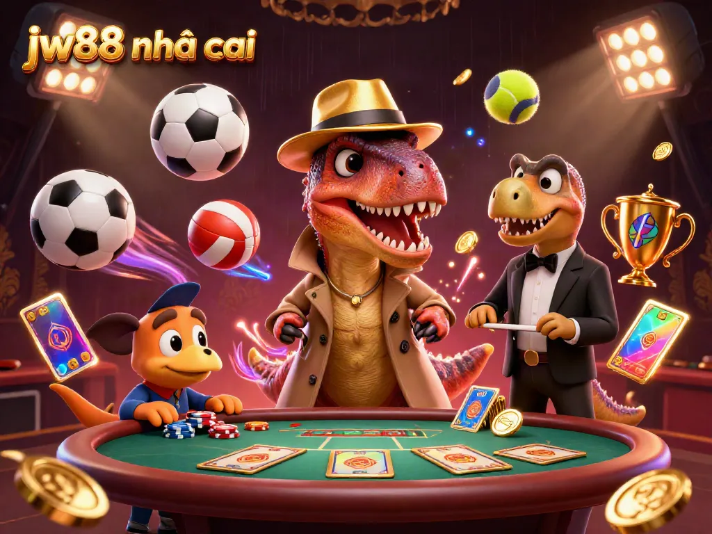 Engaging scene of jw88 nhà cái featuring cartoon velociraptor card counter at blackjack with sports elements.