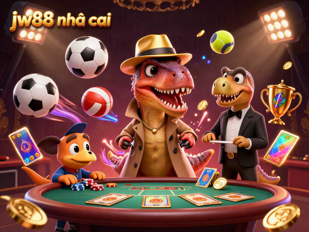 Engaging scene of jw88 nhà cái featuring cartoon velociraptor card counter at blackjack with sports elements.