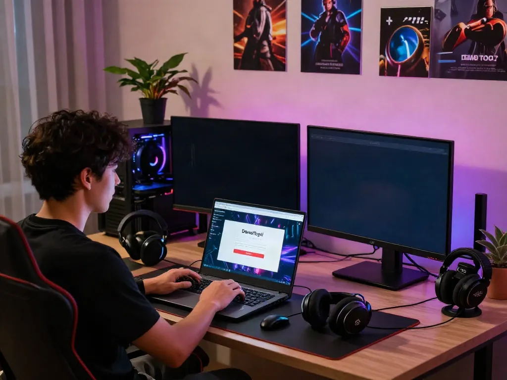 Login Dewatogel on a modern gaming setup with vibrant LED lights and multiple monitors.