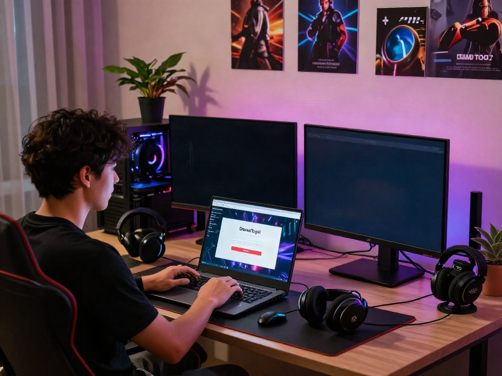 Login Dewatogel on a modern gaming setup with vibrant LED lights and multiple monitors.