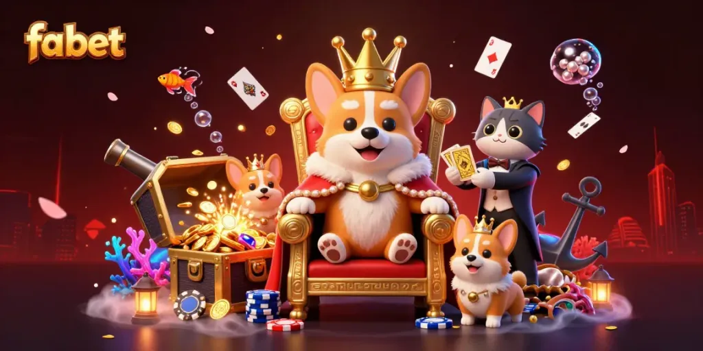 Experience thrilling wins at fa bet with a regal corgi ruler amidst digital treasures in this vibrant casino scene.