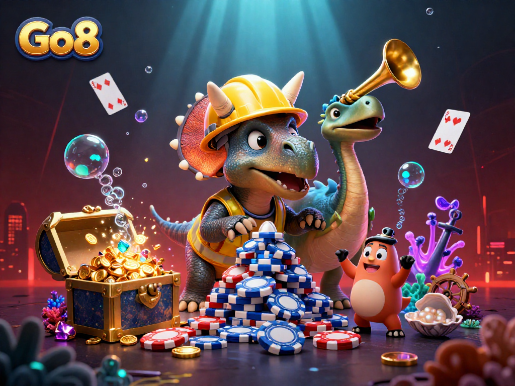 Join the excitement at Go8 with a cartoon triceratops celebrating wins in a vibrant casino scene.