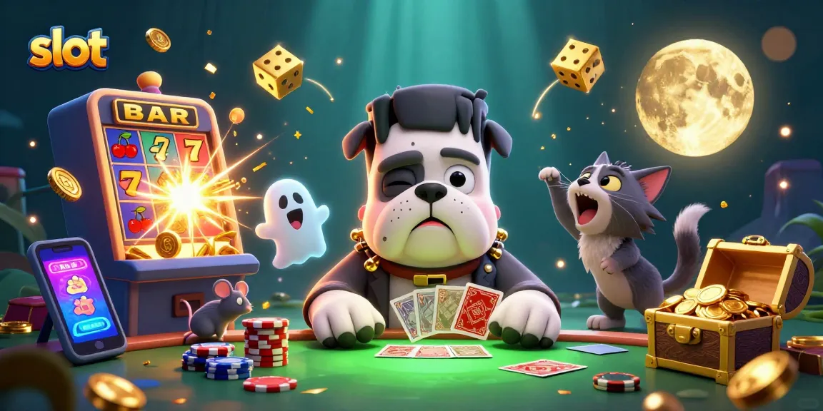 Experience exciting slots with a whimsical casino scene featuring playful characters and jackpot symbols.