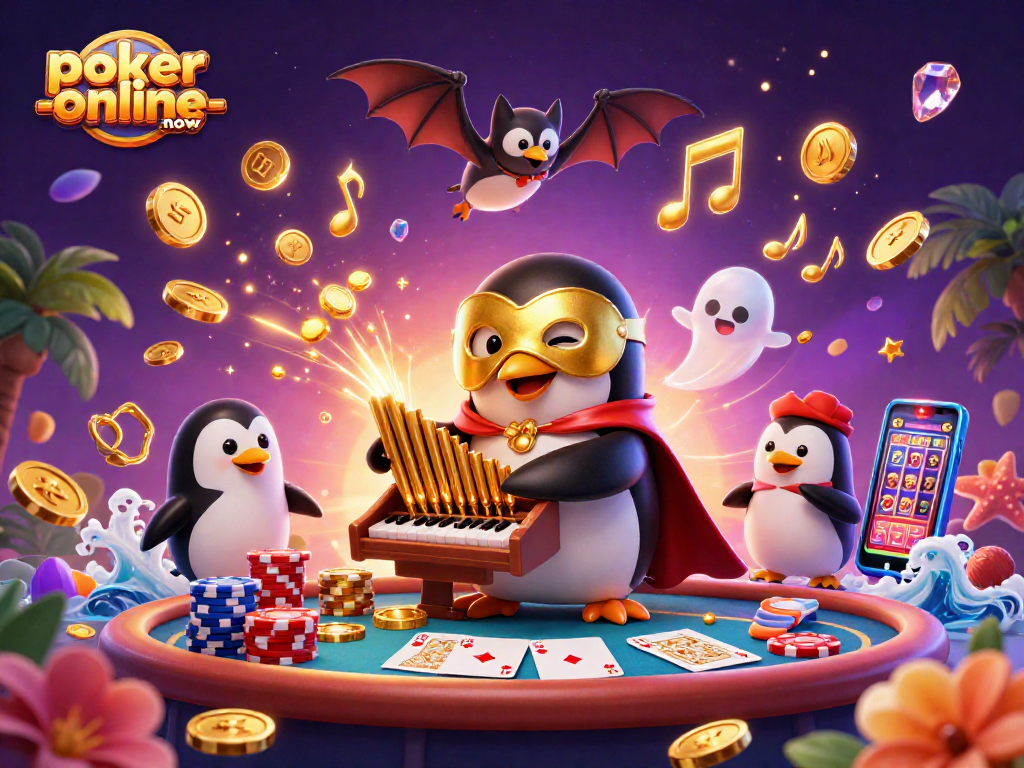 Engage in thrilling moments with poker-online-now, as a penguin plays an organ shooting coins in a vibrant casino scene.