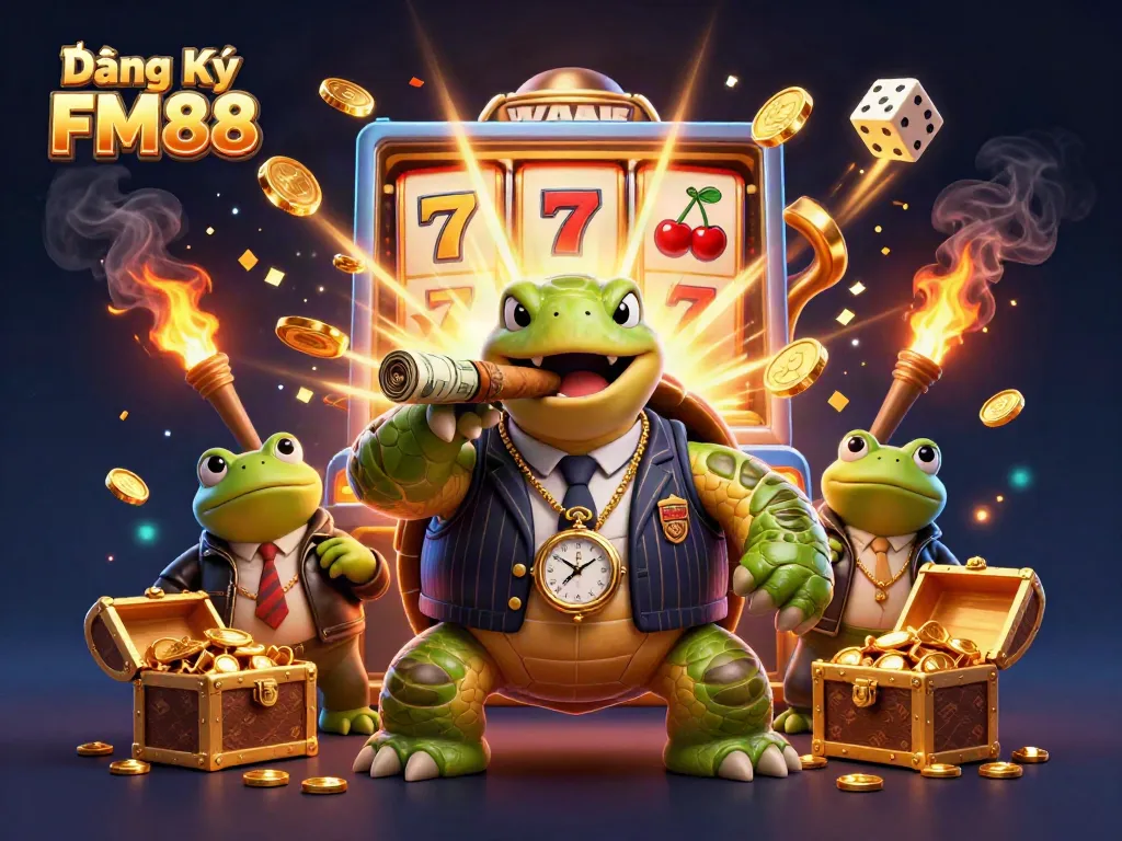Join the excitement and learn how to Đăng Ký FM88 with vibrant casino elements and characters in lively action.