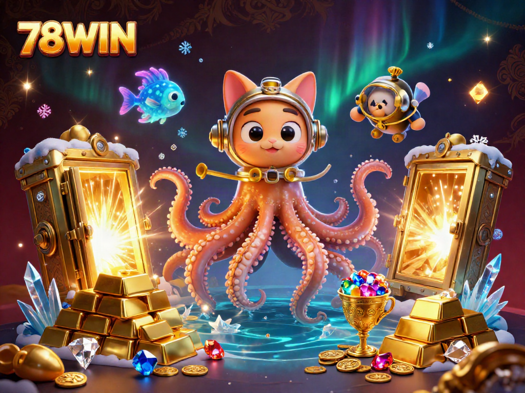 Experience thrilling gameplay at 78WIN with golden treasures and giant kraken illustration.