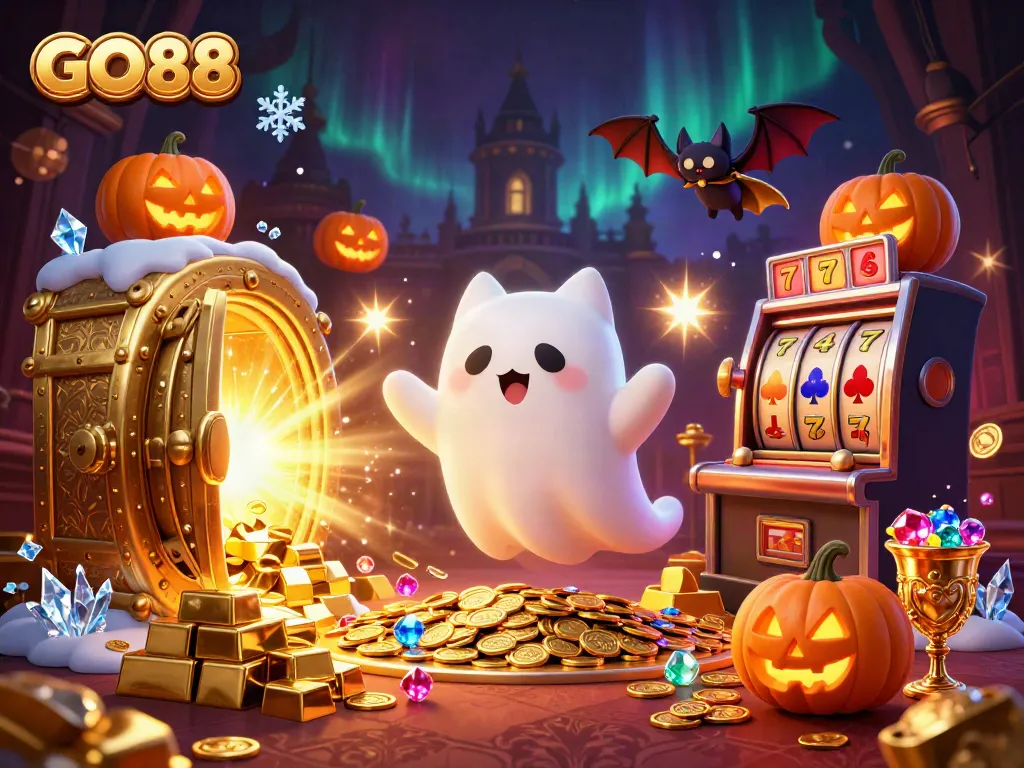 Engage in thrilling casino action at GO88 with ghostly characters and a captivating haunted mansion.