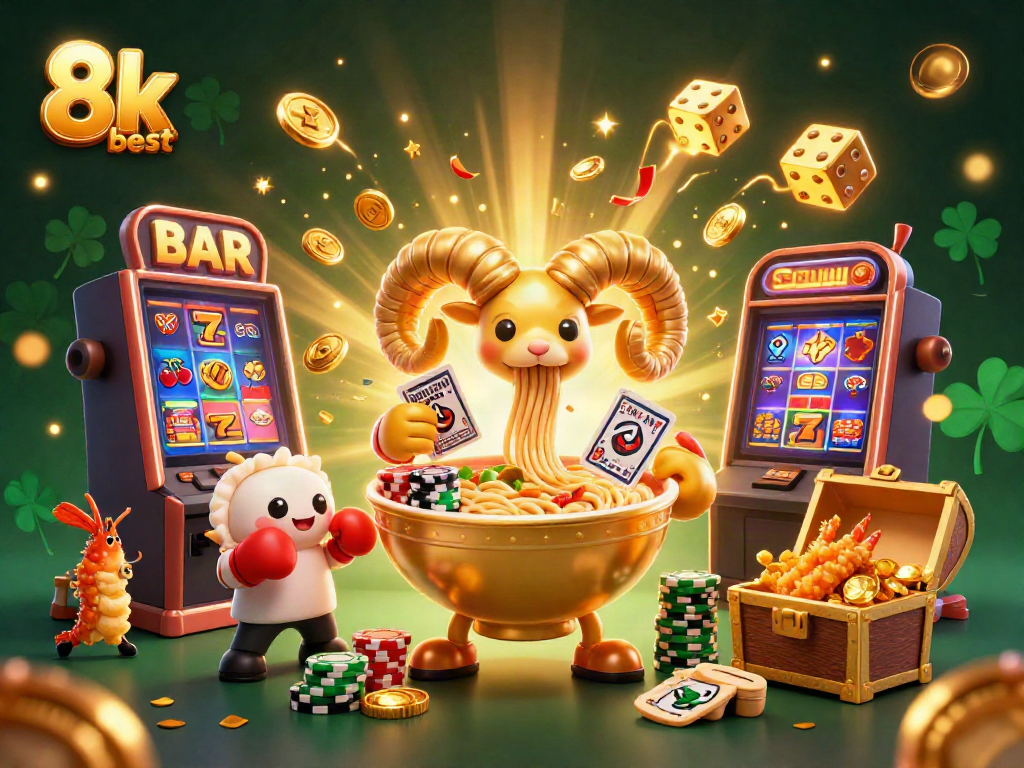 Experience the excitement of 8k best at a colorful casino scene bursting with animated characters and games.