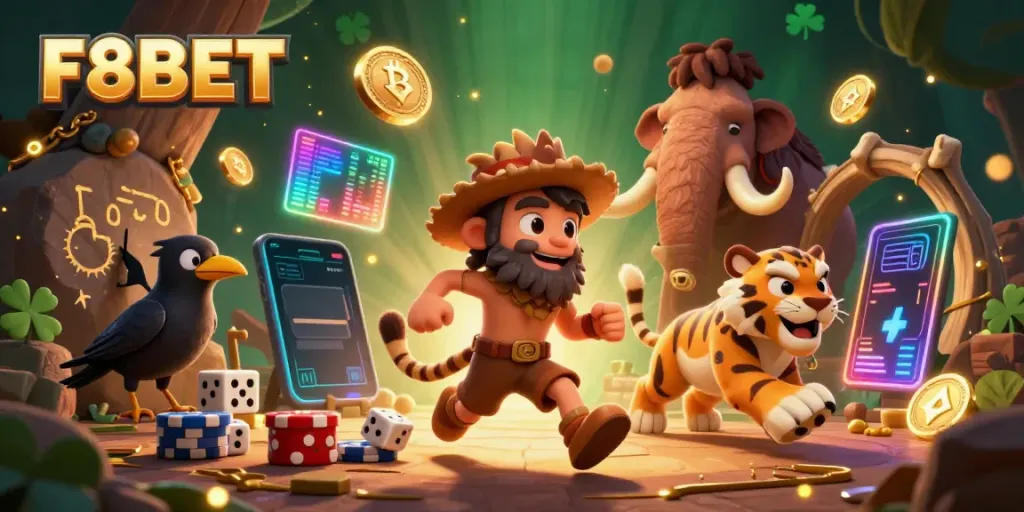 Experience thrilling gambling fun with F8BET at a prehistoric casino featuring unique characters and vibrant crypto elements.