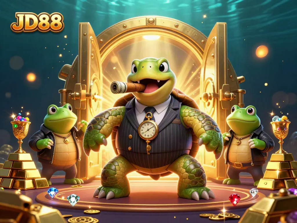 Experience JD88 with this thrilling illustration of a mobster turtle and bullfrog enforcers in a vibrant casino scene.