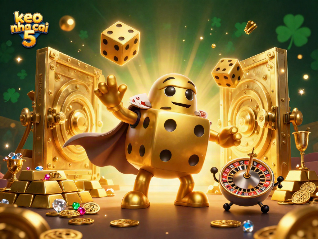 Engage with keo nha cai 5 in an ultra-detailed 3D scene featuring a golden dice golem and gambling elements.