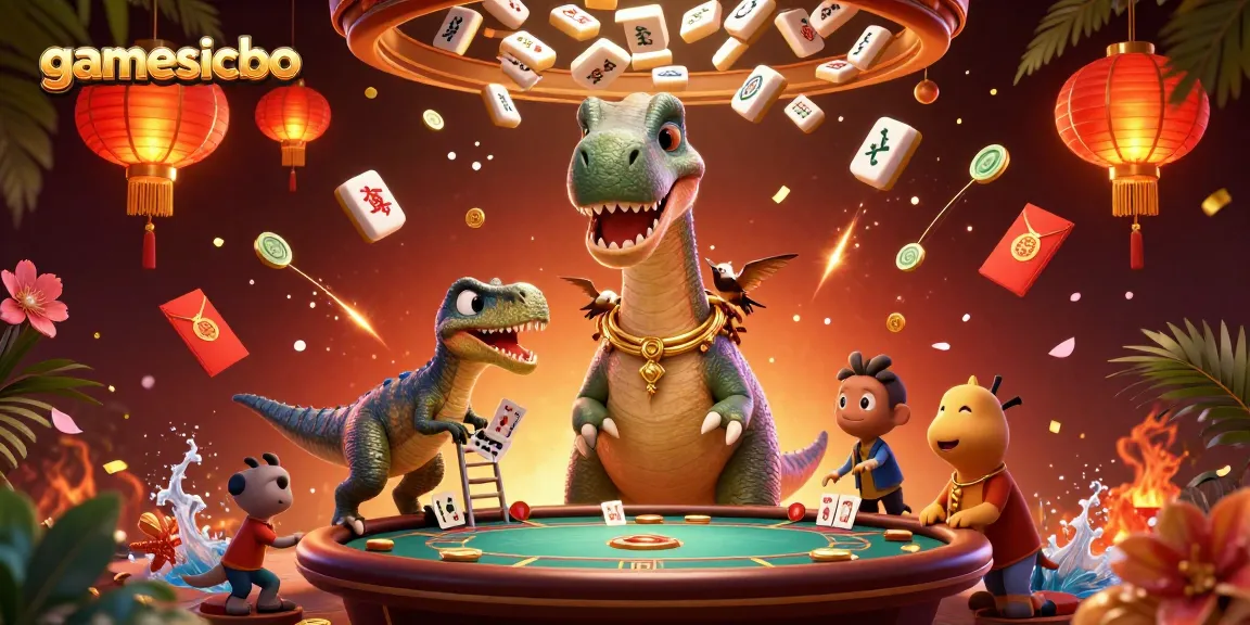 Experience gamesicbo excitement with a towering dinosaur dealer amidst vibrant casino elements.