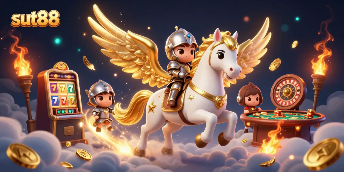 Sut88 gaming illustration highlighting a lively online casino atmosphere with slots and a celestial theme.