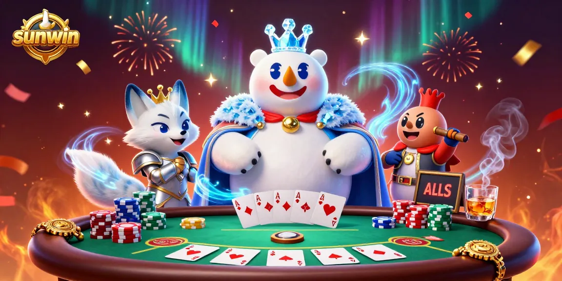 Engage with the sunwin casino scene featuring a polar bear and fox amidst poker glory.