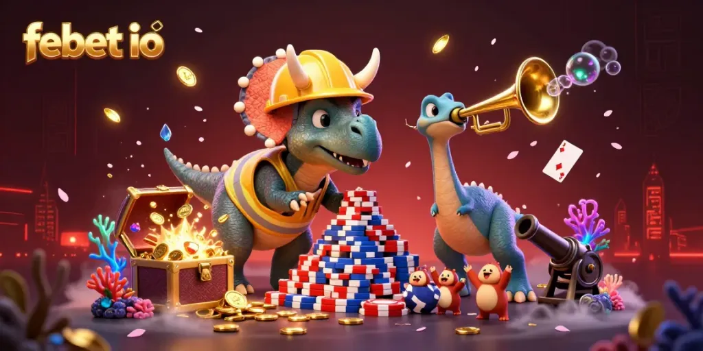 Celebrate wins at febet io with a 3D triceratops and friends building a poker chip pyramid!