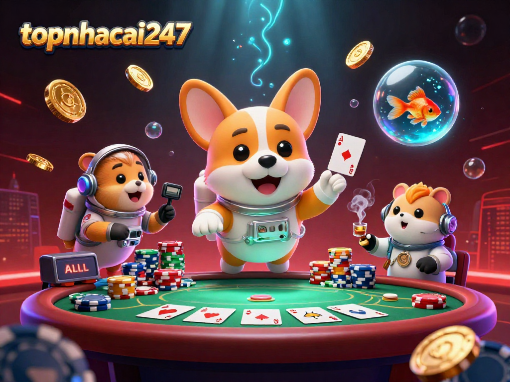 Engaging corgi astronaut in topnhacai247 floating casino, surrounded by poker elements and golden coins.