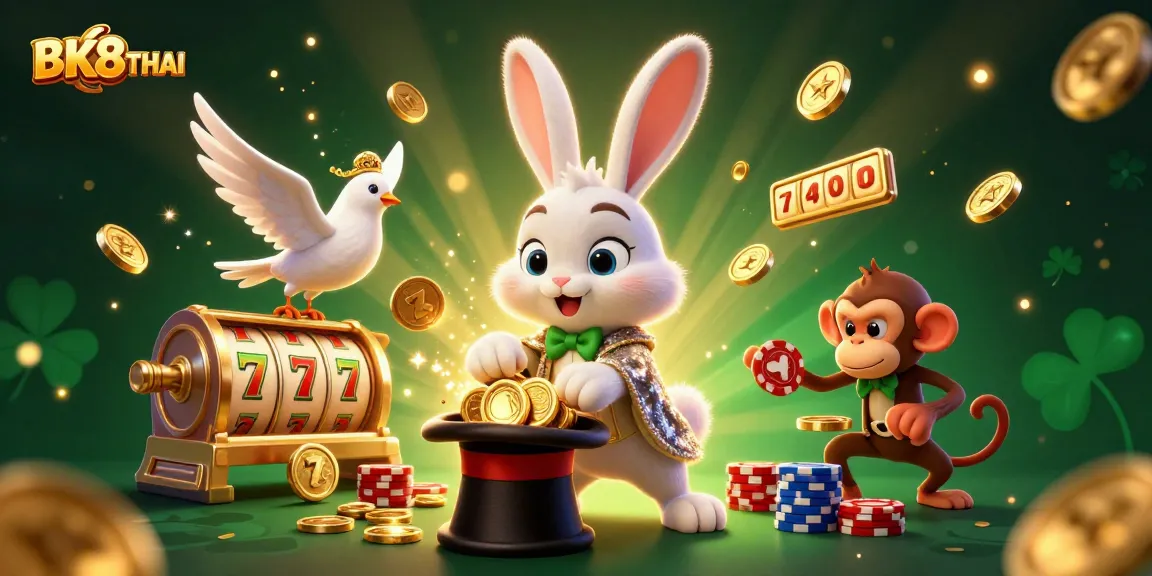 Spin to win at BK8THAI with a magical scene bursting with golden coins and slot machine excitement.
