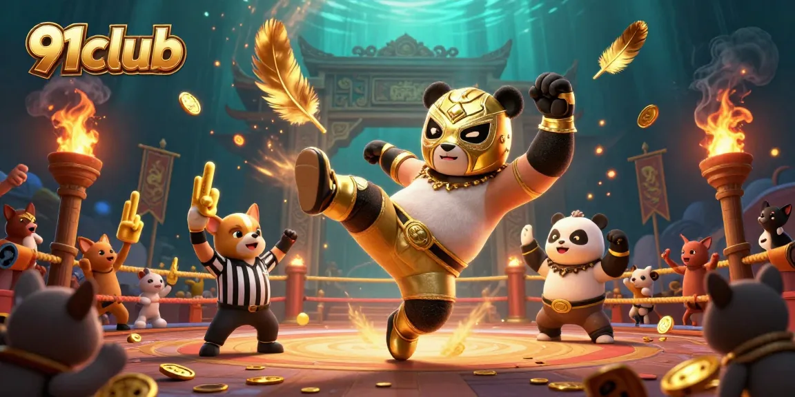 91club gaming scene featuring a panda in a flying kick, showcasing vibrant casino action.