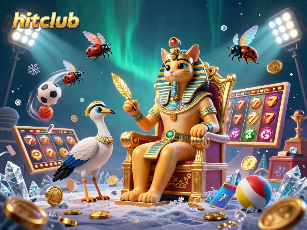 Experience the excitement at hitclub with a vibrant pharaoh scene featuring spinning slots and dynamic sports balls.