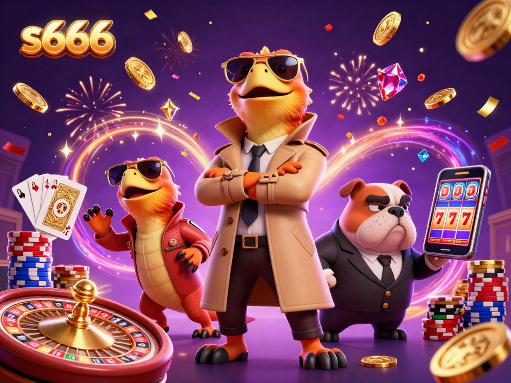 S666 showcases three raptors disguised as a tall person at a VIP casino, surrounded by golden coins.