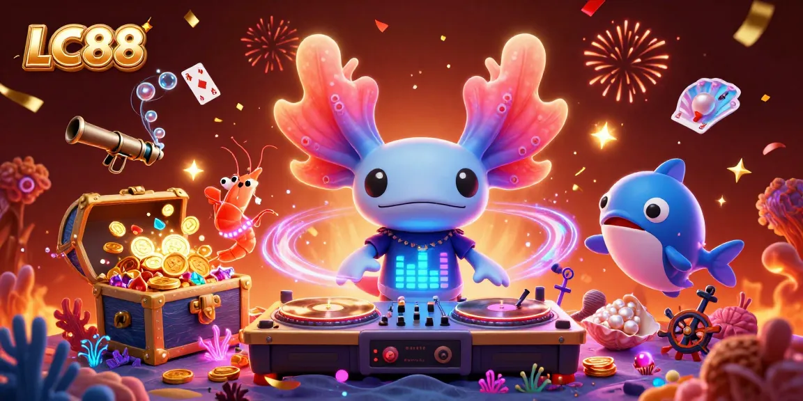 Experience vibrant gameplay at LC88 with a neon axolotl DJ, treasure, and glowing cards.