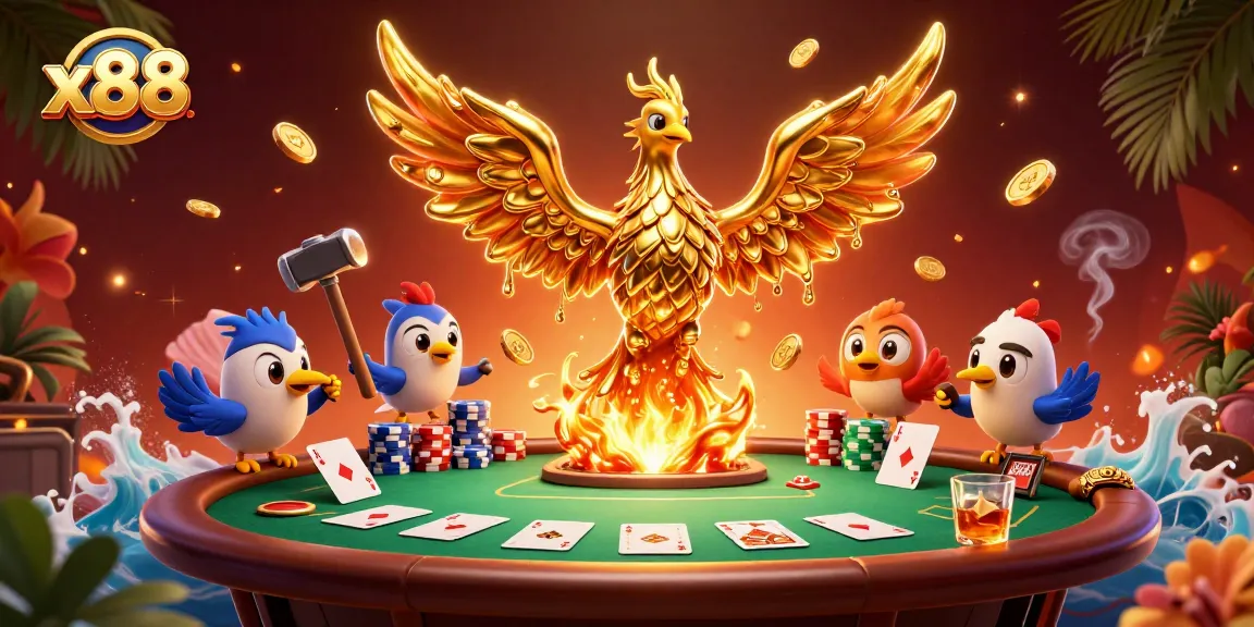 Win big at x88 with our luxurious casino scene featuring a golden phoenix and poker elements.